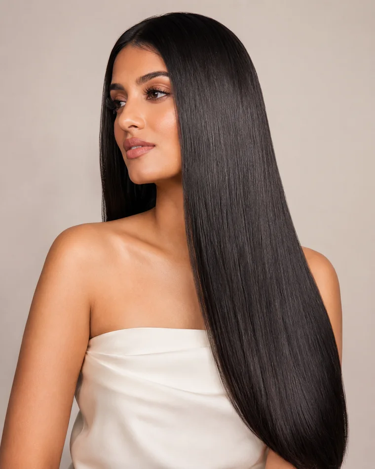 Foto profesional de cabello alisado, muy liso, brillante y controlado