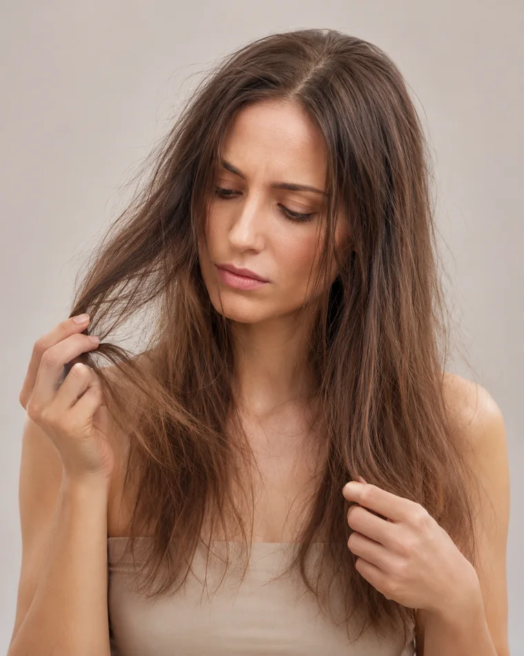 Foto profesional de cabello dañado, con frizz, quiebre y apariencia maltratada