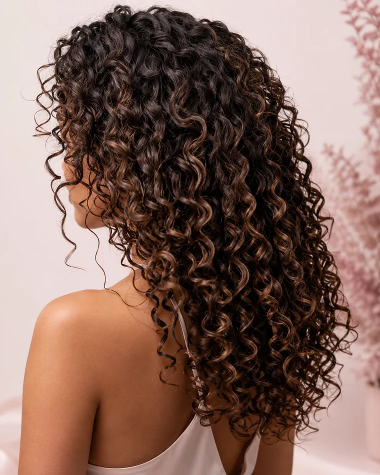 Foto profesional de cabello rizado, definido y con volumen controlado