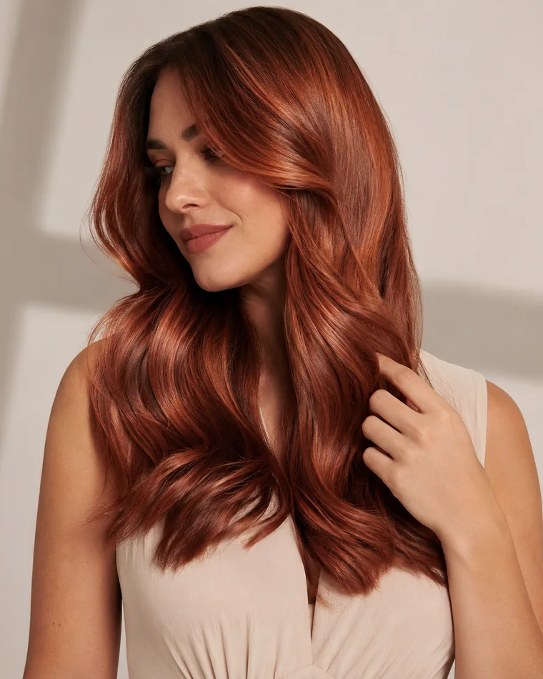Foto profesional de cabello teñido, con color visible, brillo y cuidado del tono