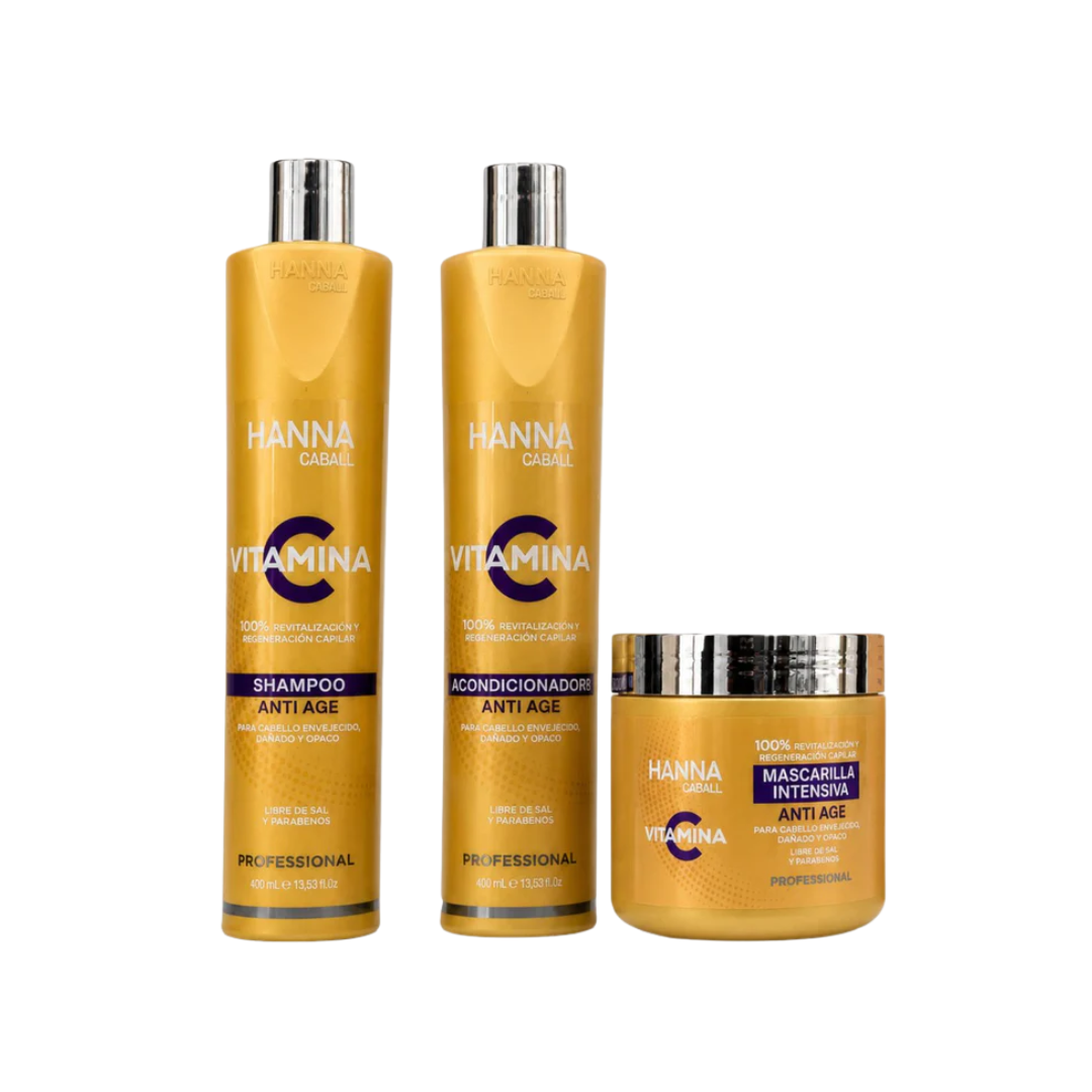Kit Vitamina C Shampoo 400ml + Acondicionador 400ml + Mask 400ml Hanna Caball